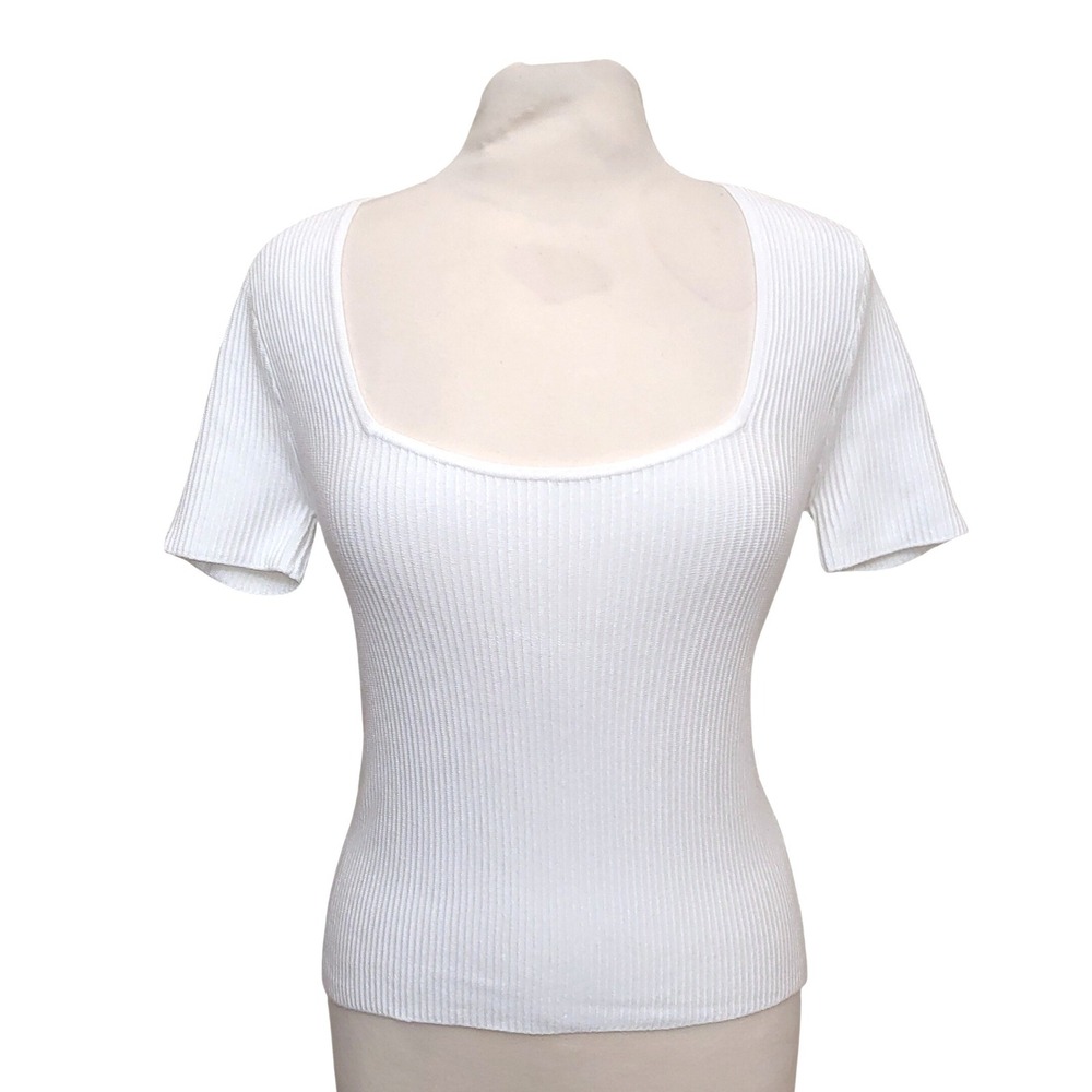 NWT MUSE Republic Clothing White Ribbed Scoop Neck Minimalist Stretch Shirt S